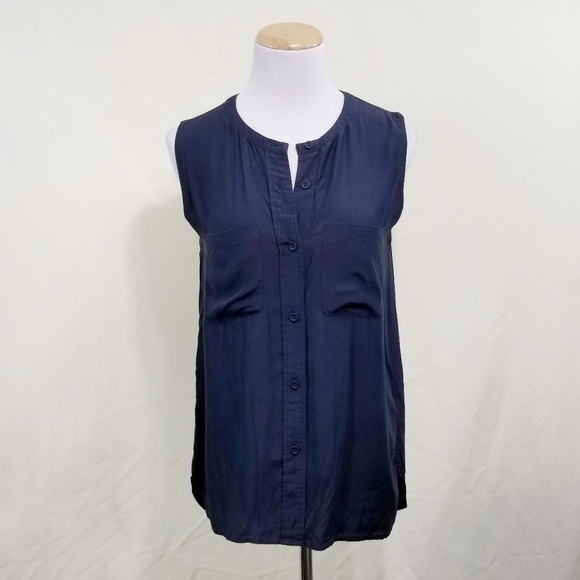 Kate Spade navy blue button down tank silk shirt size 4 - Picture 1 of 5